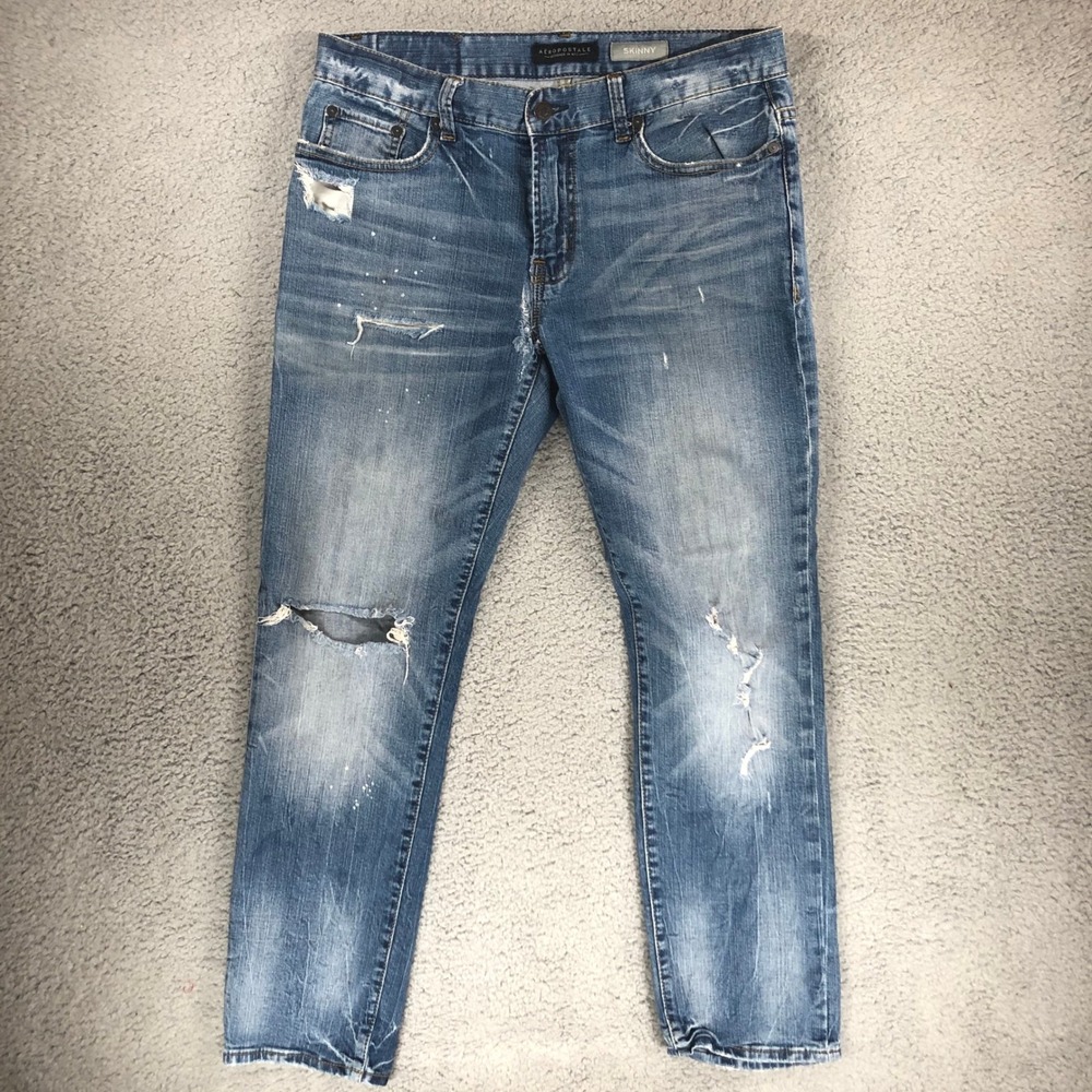 Aeropostale Mens Skinny Distressed Blue Jeans Medium Wash Paint Splatter 32x30